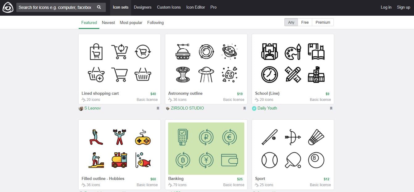 Schermata di Iconfinder, piattaforma per icone gratis